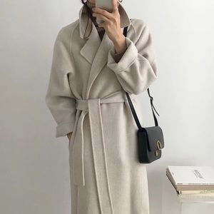 Wool coat long Heather Gray womens belted collar  jacket